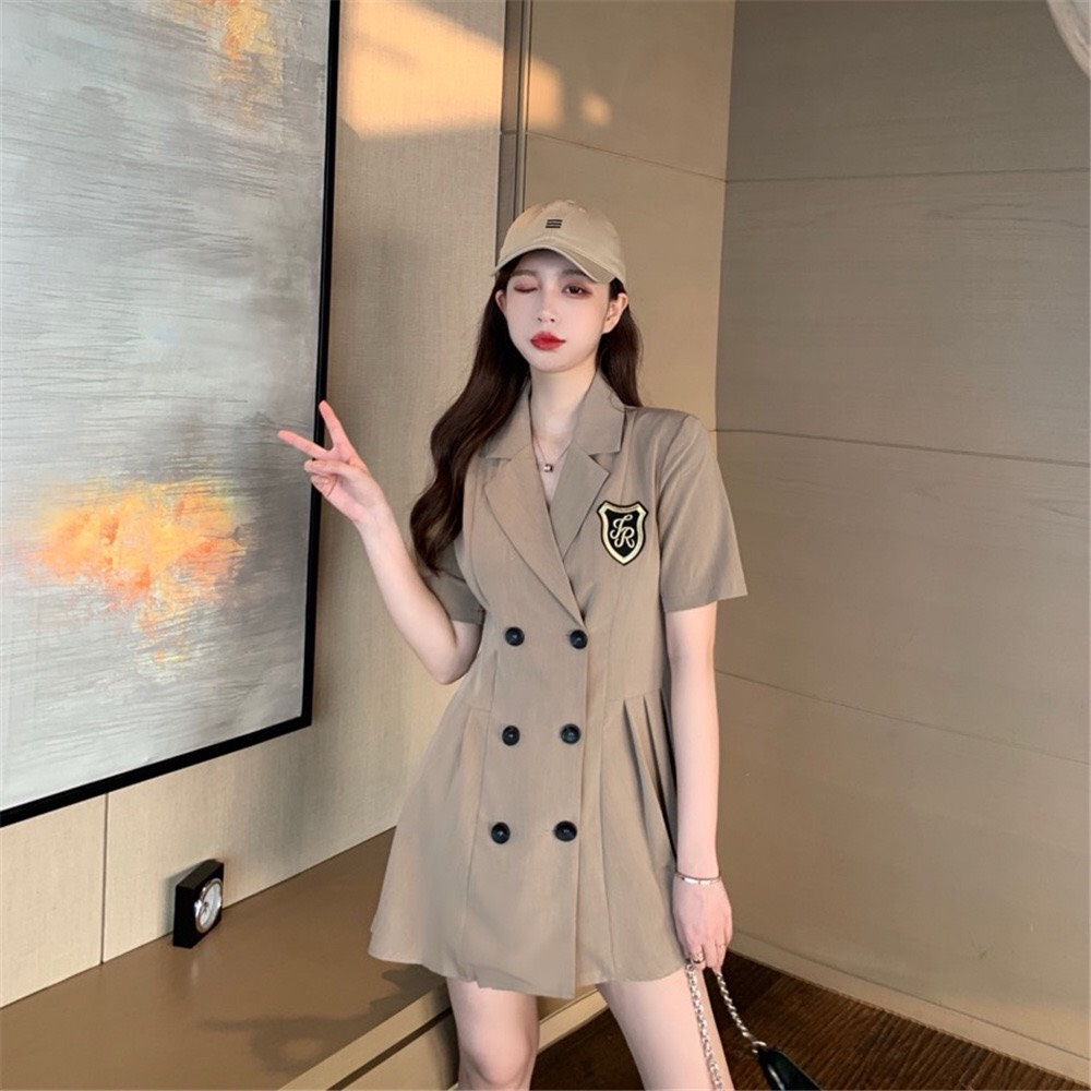 Đầm Váy Cổ Vest Xếp Li Tay Ngắn