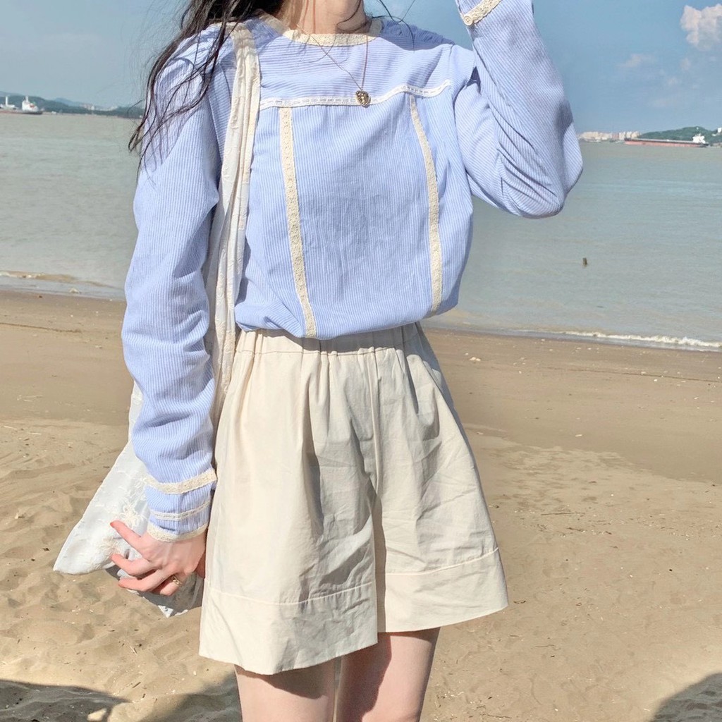 Sơ mi cổ tròn sọc viền ren Misumey mặc 2 kiểu Ulzzang styleHàng Quảng Châu