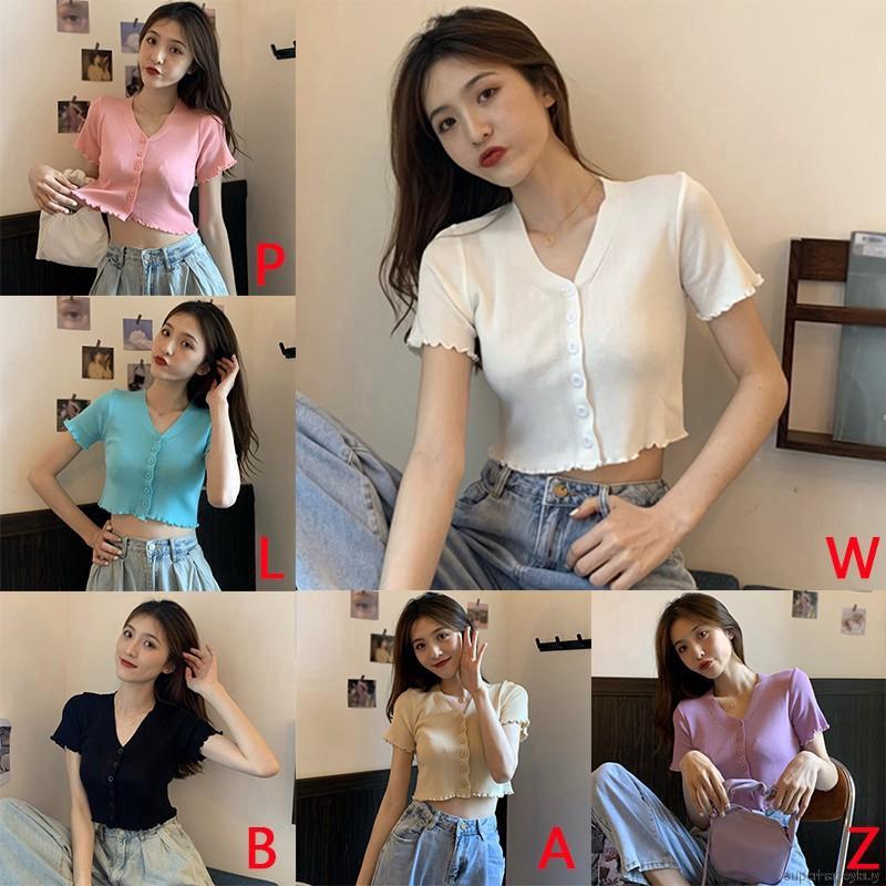 Áo dệt kim tay ngắn màu trơn cổ chữ V sành điệu