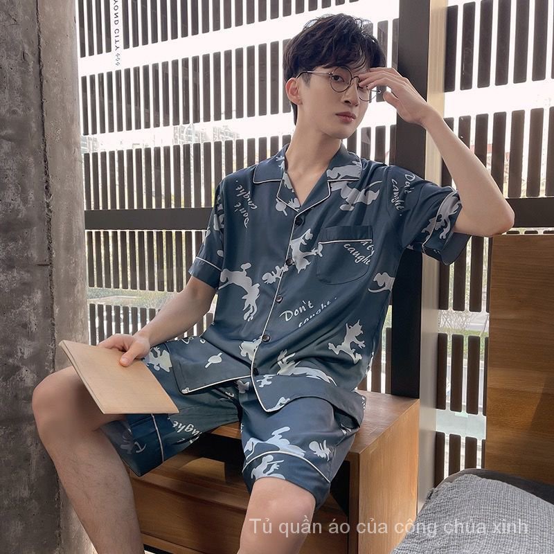 Bộ đồ ngủ ngắn tay bằng vải lụa lạnh mỏng in họa tiết hoạt hình thời trang mùa hè cho nam X80W