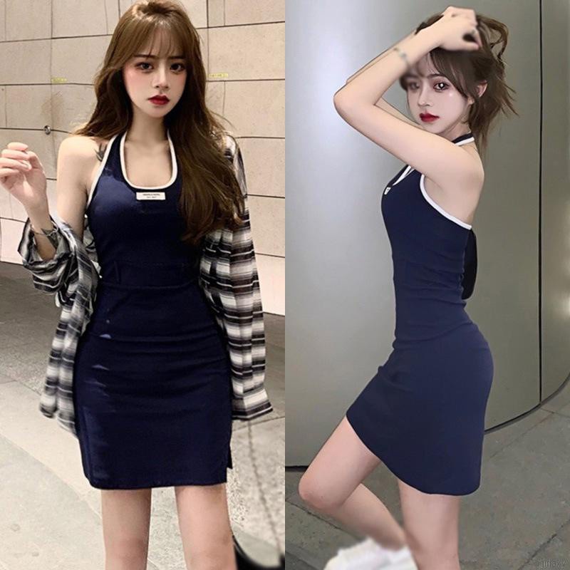 Đầm Không Tay Xẻ Tà Màu Sắc Tương Phản Phong Cách Hàn Quốc Cho Nữ