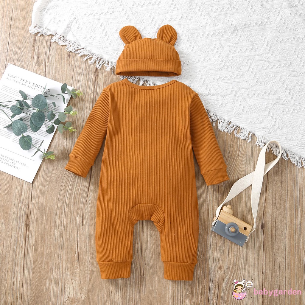 Áo liền quần dài tay cổ tròn màu trơn kèm mũ thời trang xuân thu cho bé trai 0-24 tháng