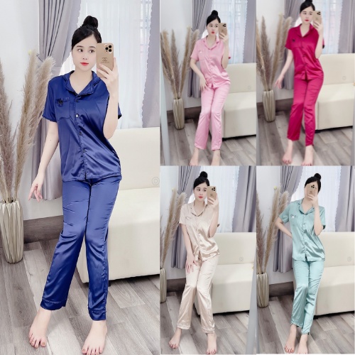 Đồ Bộ Pijama Lụa Mặc Nhà Viền Bèo Tay Cộc Phối Quần Dài Cao Cấp [ảnh thật + video chuẩn đẹp]