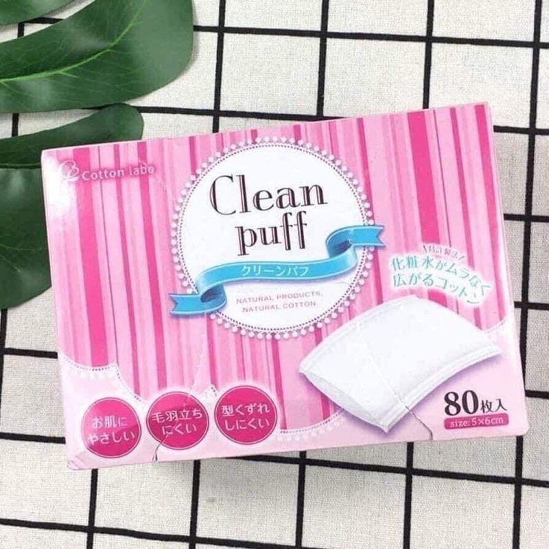 Bông tẩy trang Clean puff Nhật Bản, hộp 80 miếng, bông mềm mịn dịu nhẹ cho da nhạy cảm, không để lại xơ