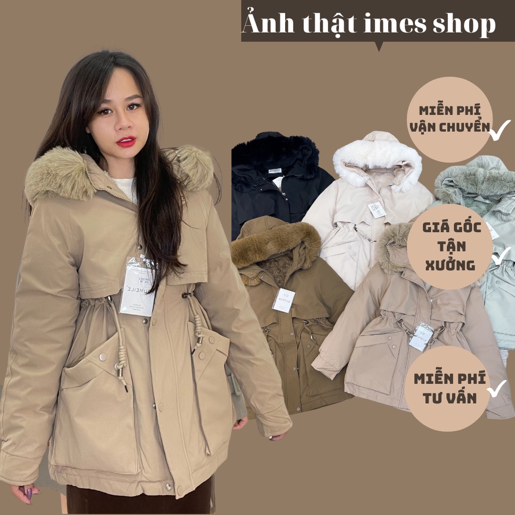 Áo Khoác phao Parka nữ lót lông 2021 dây rút eo túi ốp sành điệu Ulzzang Lông mũ tháo rời 2112 IMES SHOP 1793