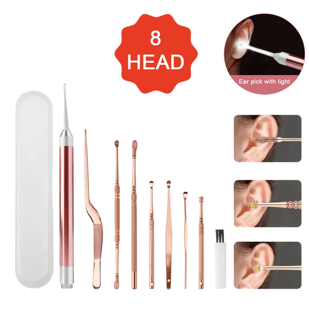 [Hàng mới về] Set 8 dụng cụ vệ sinh lấy ráy tai chất liệu thép không gỉ có đèn LED tiện lợi