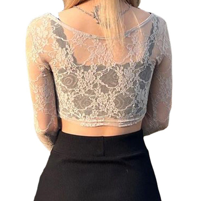 Áo Crop Top Ren Xuyên Thấu Cổ V Gợi Cảm Cho Nữ