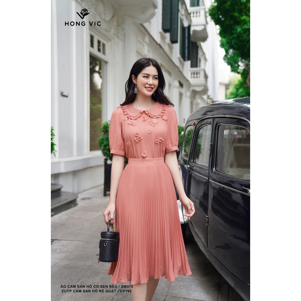 Chân váy nữ thiết kế Hong Vic cam san hô rẻ quạt CV192
