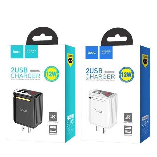 [Mã 2404EL10K giảm 10K đơn 20K] Củ sạc nhanh 2 cổng usb có đèn led chính hãng Hoco C39