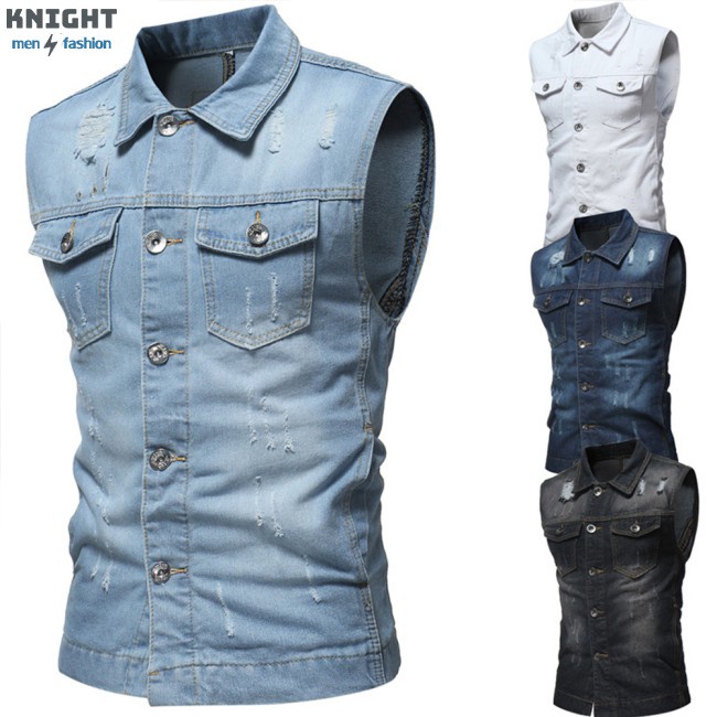 Men Ripped Jean Jacket Denim Vest Sleeveless Waistcoat for Jacket