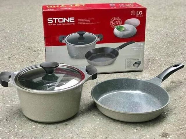 BỘ 2 NỒI CHAO ĐÁ STONE (GỒM NỒI ĐÁ STONE THÀNH CAO 24CM+1 CHẢO 28CM)  hàng khuyến mãi lg