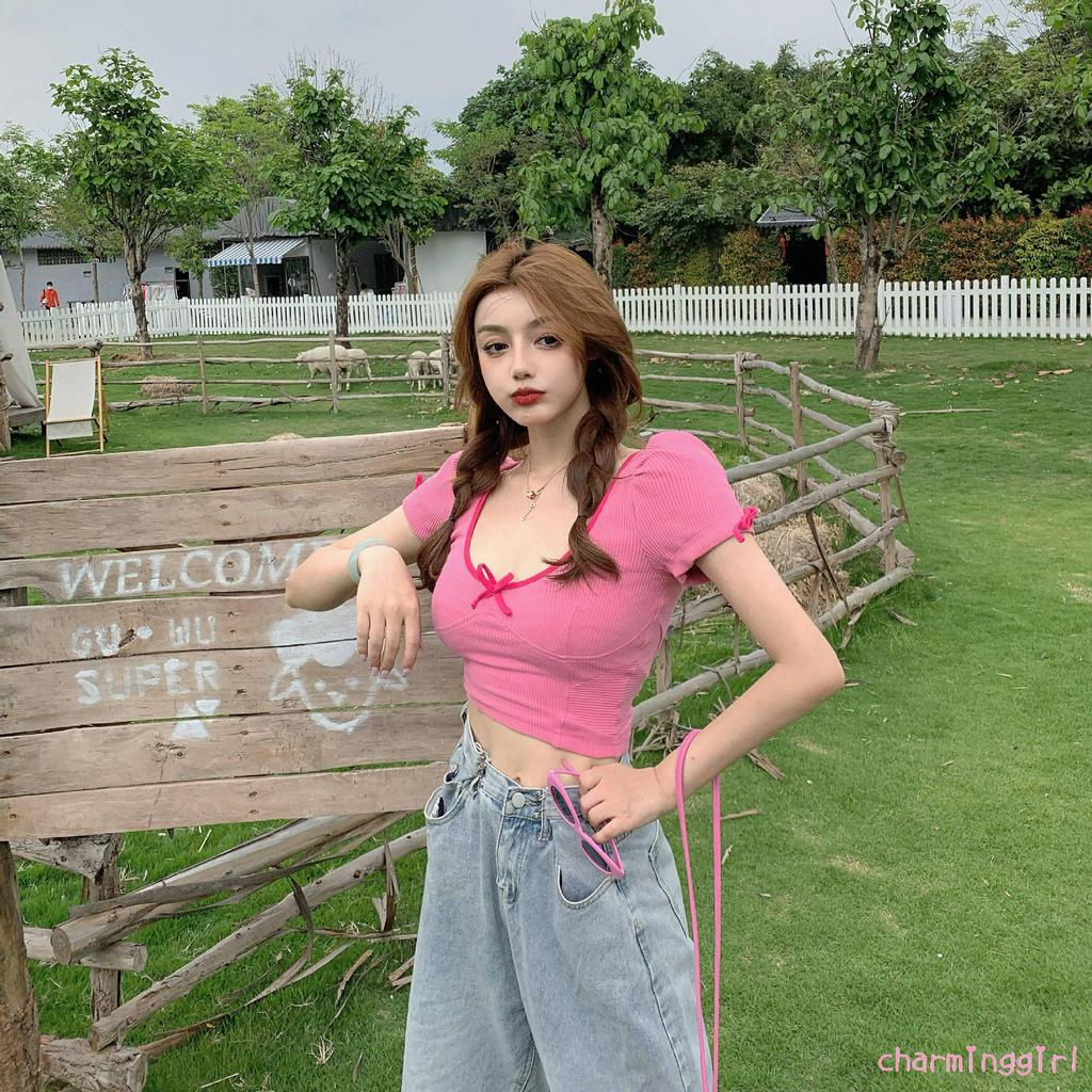 Áo Croptop Ngắn Tay Cổ Chữ U Phối Nơ Xinh Xắn Cho Nữ