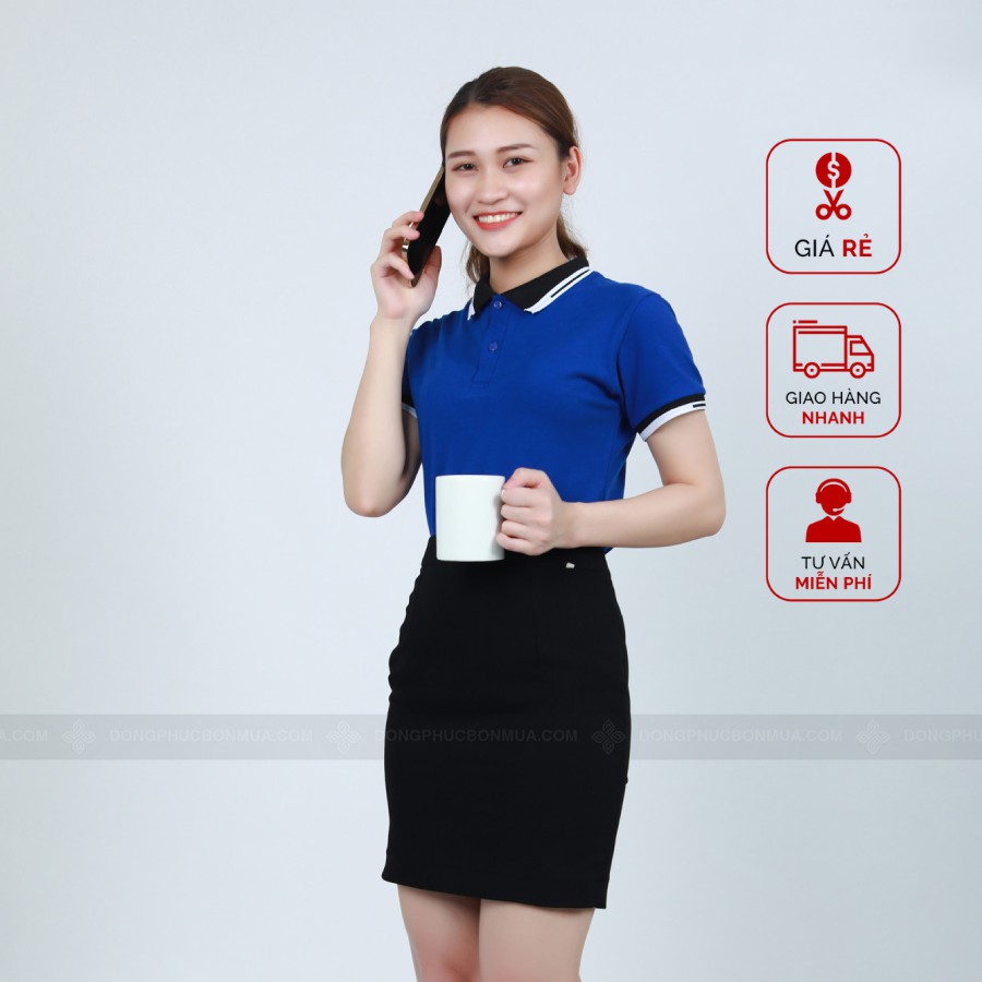 Áo Thun PoLo Đồng Phục Xanh Dương Phối Cổ Sọc Đen Trắng Thời Trang Bao Đẹp MIỄN PHÍ IN LOGO- Đồng Phục Bốn Mùa