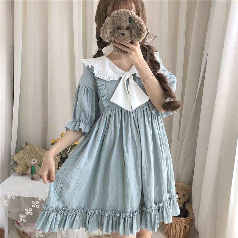 Đầm baby doll tay ngắn tay áo lồng đèn thắt nơ ulzzang ( 2 màu )