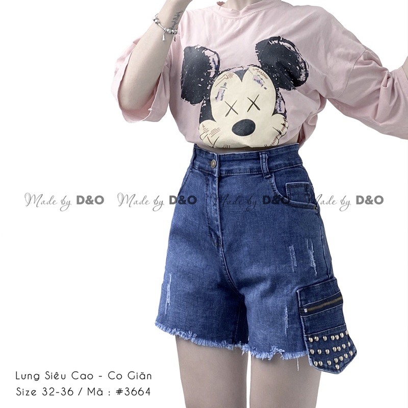 Quần Bò Lưng Cao / Quần Short Jeans Co Giãn Đậm - Đính Hạt