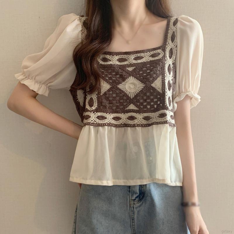 Áo Sơ Mi Tay Ngắn Phồng Thêu Họa Tiết Phong Cách Hàn Quốc Cổ Điển Thời Trang Mùa Hè Cho Nữ