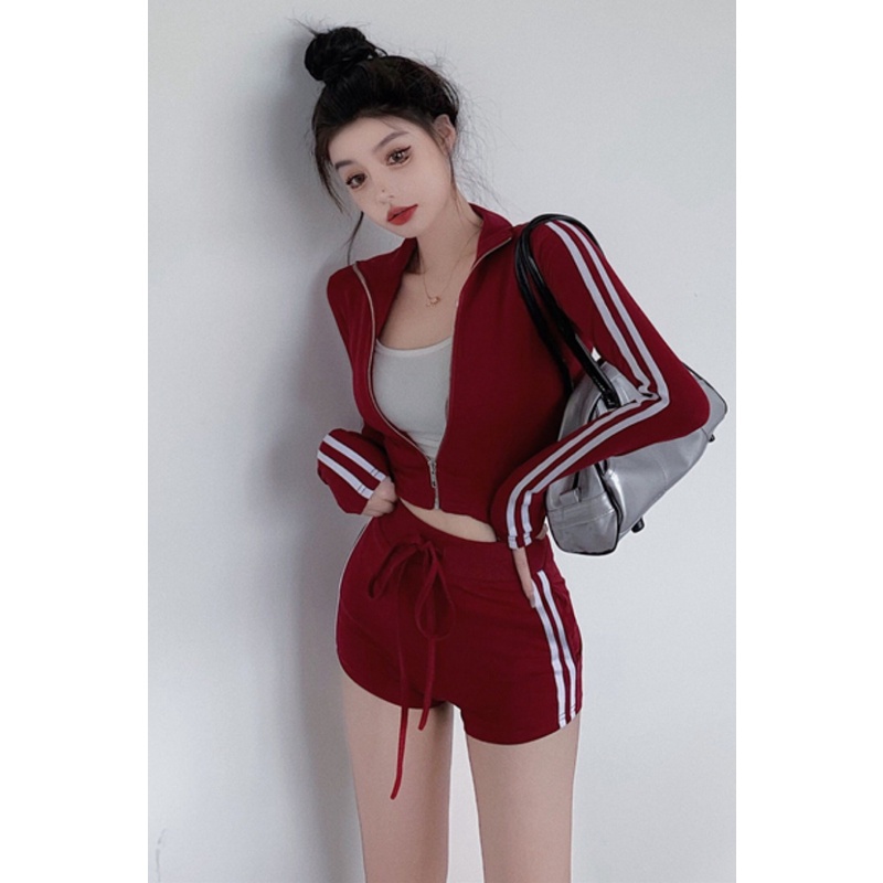 Bộ Áo Khoác Sweater Kẻ Sọc + Quần Short Lưng Cao + Áo Dây Rút Phong Cách Thể Thao Thời Trang Mùa Hè Cho Nữ