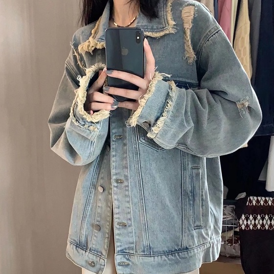 ZHELIHANGFEI Áo Khoác Denim Dài Tay Dáng Rộng Phối Túi Cá Tính Theo Phong Cách Retro Mỹ