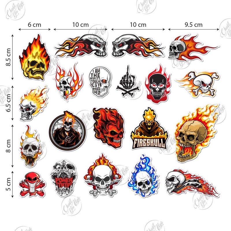 Bộ 20 sticker chủ đề Đầu Lâu lửa chất lượng cao dán xe, laptop, vali, điện thoại, đàn guita  NT 26