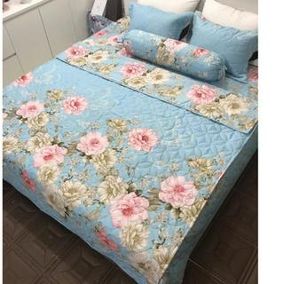 SET CHĂN GA GỐI CHẦN BÔNG PHỦ HOA TRÀ XANH THÊM 2 VỎ GỐI