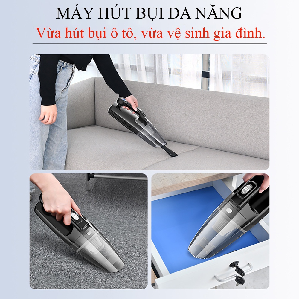 Máy hút bụi cầm tay, máy hút bụi ô tô đa năng 4 trong 1 hút bụi, bơm lốp, đo áp suất lốp, đèn pin. Bảo hành 2 năm.