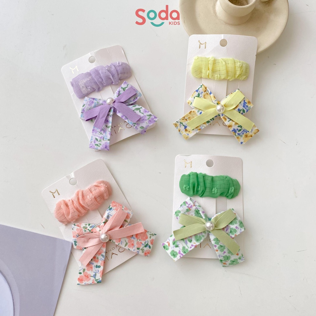 Set kẹp tóc bé gái SODA KIDS kẹp bấm vải nhún và kẹp nơ hoa nhí đính ngọc xinh xắn, dễ thương
