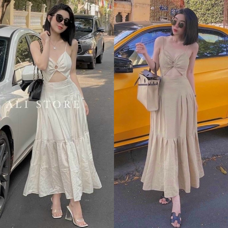 Đầm maxi đũi trắng kem nude 2 dây khoen ngực hở bụng, váy dài hotgirl dạo phố đi chơi biển du lịch quyến rũ sang trọng