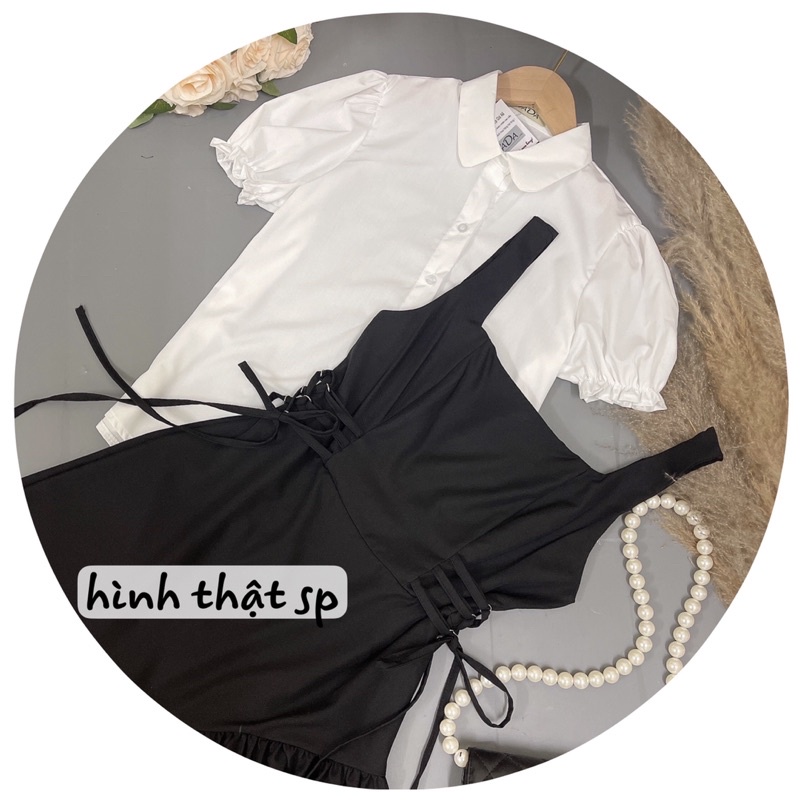 Set bộ váy yếm 2 món: áo sơ mi + váy đầm eo đan dây cá tính