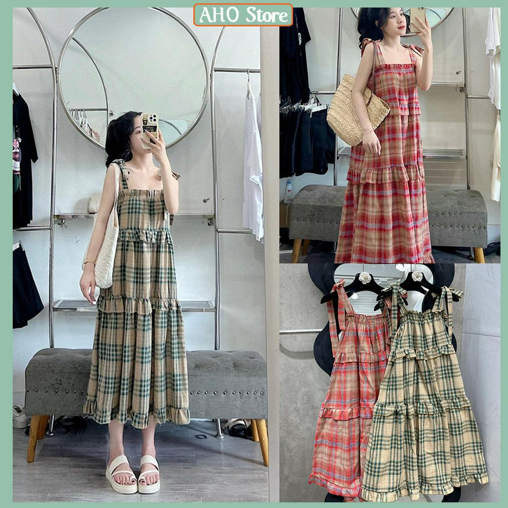 Váy BabyDoll Dáng Dài 3 Tầng Dây Buộc Đầm Nữ 2 Dây Buộc Vai Kẻ Caro Dáng Xoè Freesize