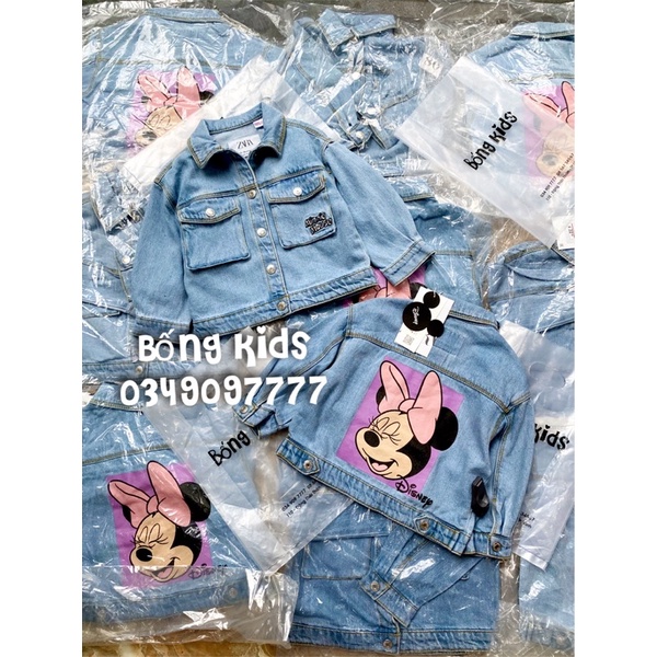 Áo Khoác Denim Bé Gái Thêu Minnie Nơ Hồng ZR
