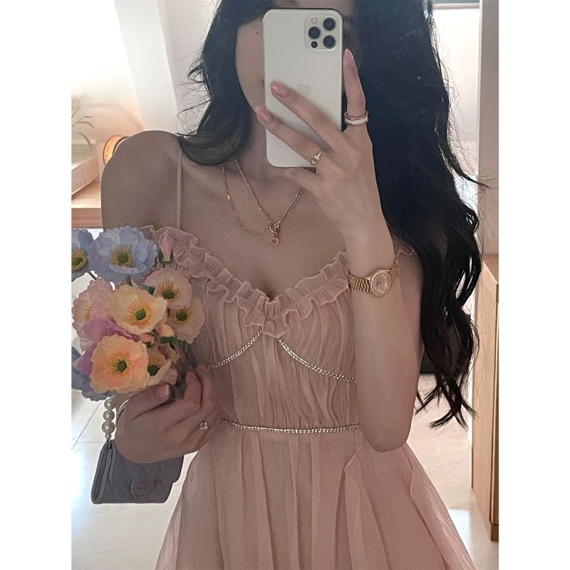 Váy 2 dây dài màu hồng mỏng manh nhẹ nhàng thời trang mùa hè cho nữ