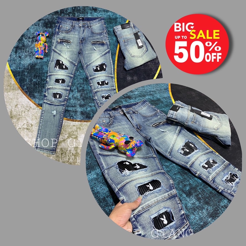 Quần jean vá da nhăn hình thỏ playboy khâu viền,quần bò vá da nhăn họa tiết thỏ play Aimiri wash màu bạc dáng slimfit