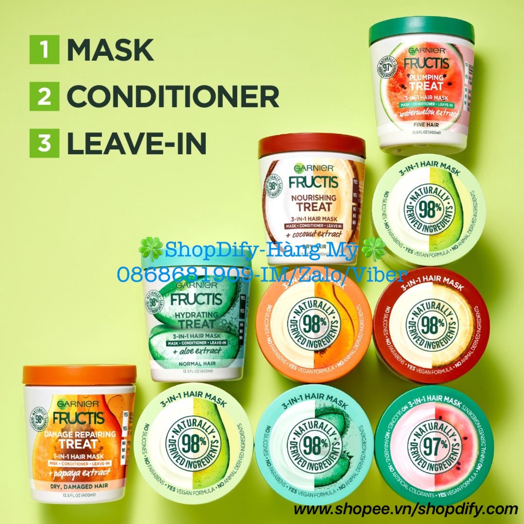 Kem ủ, xả và dưỡng tóc đa công dụng Mặt nạ tóc 1 phút Garnier Fructis one minute Hair Mask 400ml Bơ Đu đủ Dưa hấu của Mỹ