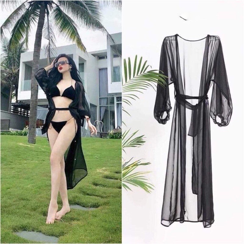 Áo choàng đi biển kimono Voan Ren tay bồng dài tay mặc ngoài bikini đi biển siêu đẹp dáng dài AC004