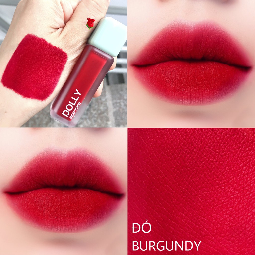 Son kem lì màu đỏ BURGUNDY Dolly super matte, son kem lì không chì bền màu lâu trôi, mua 2 cây tặng 1 hộp đựng cao cấp