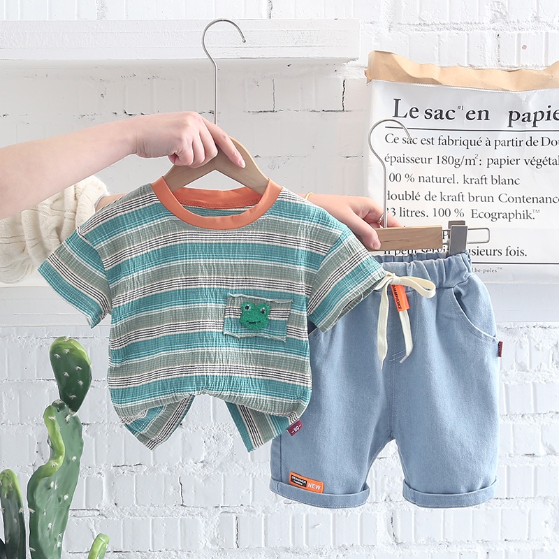 Set Đồ Mùa Hè 2 Món Gồm Áo Cotton Ghép Vải Và Quần Ngắn Denim Thời Trang Cho Bé Trai Và Gái