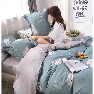 Bộ chăn ga gối phong cách Hàn Quốc mèo xanh