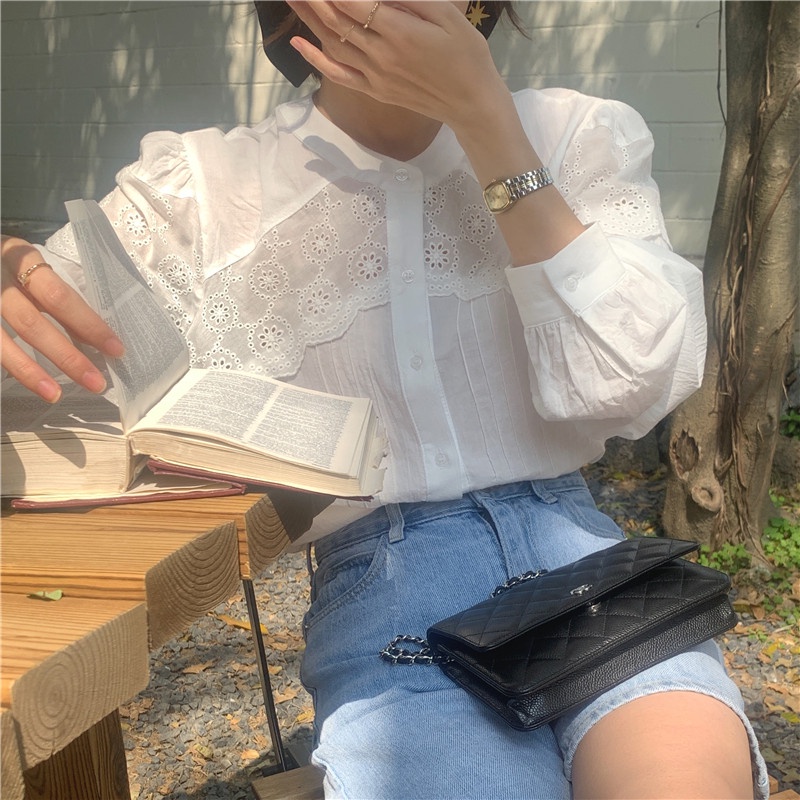 Áo Sơ Mi Dài Tay Phối Ren Phong Cách Retro Hàn Quốc 54027