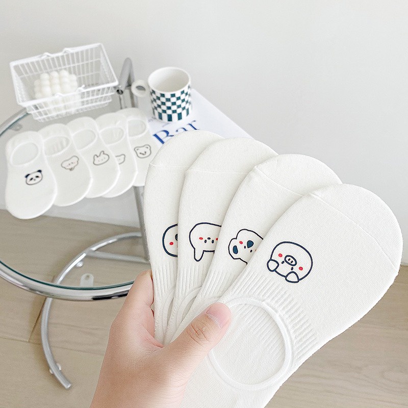 Một Đôi Tất Hài Nữ Cotton Gân Màu Trắng Hình Thú Ngộ Nghĩnh Đệm Gót Silicon Chống Tuột