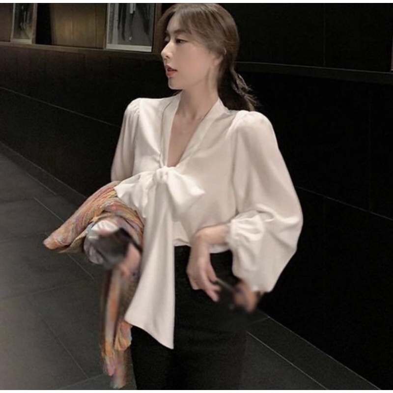 Áo sơ mi kiểu nữ tay dài phồng phối nơ ngực trắng tiểu thư - Order taobao quảng châu