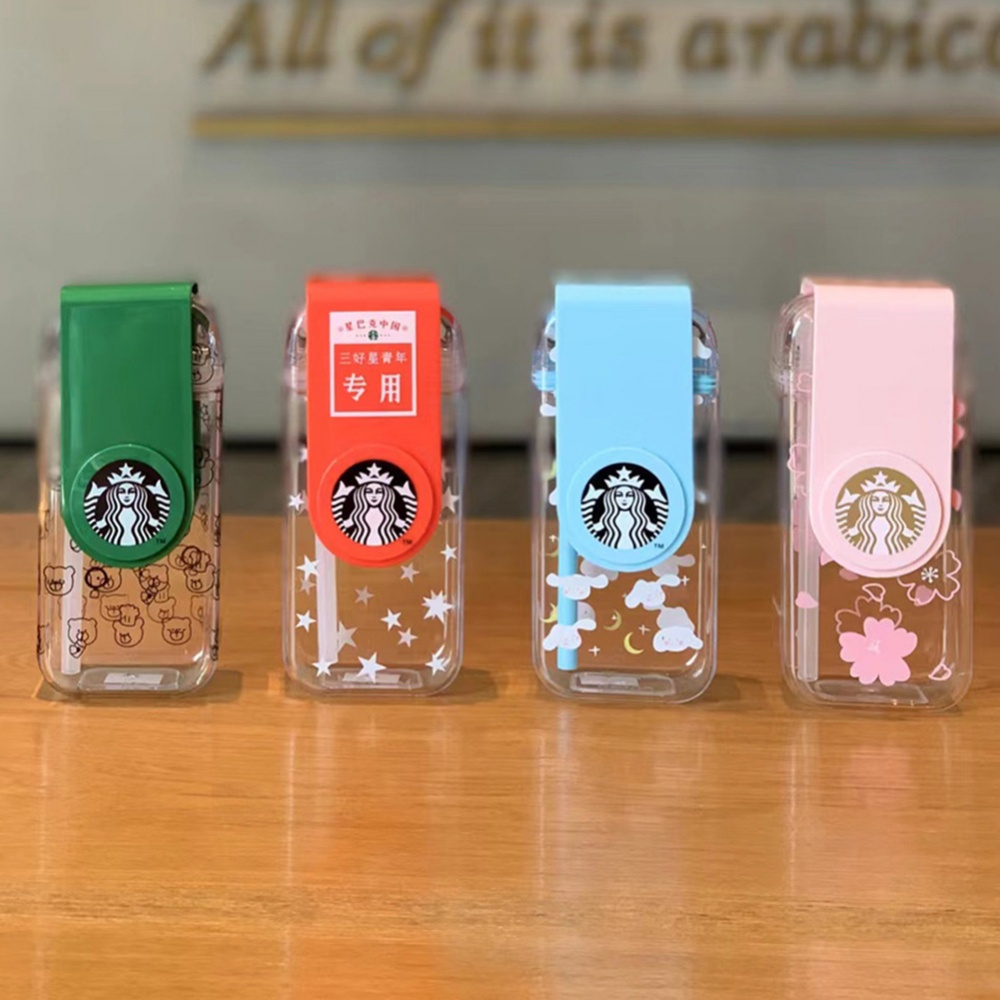 Bình Đựng Nước Starbucks 290ml Bằng Nhựa Trong Suốt Thiết Kế Xoay Kèm Ống Hút Tiện Dụng