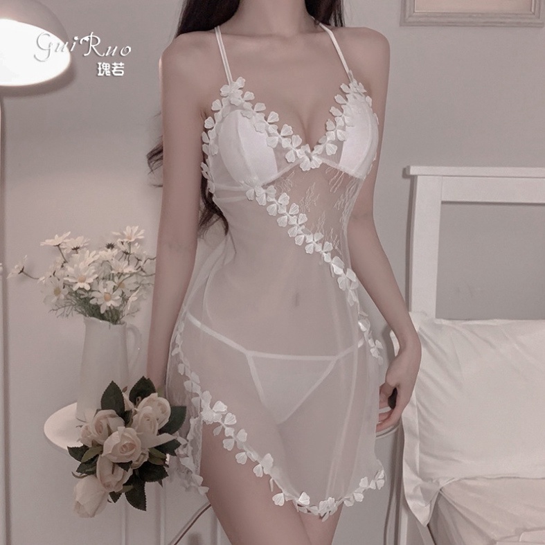 Váy đầm ngủ hai dây xuyên thấu gơi cảm phối hoa sexy nữ 1551 [MEOW Corset]
