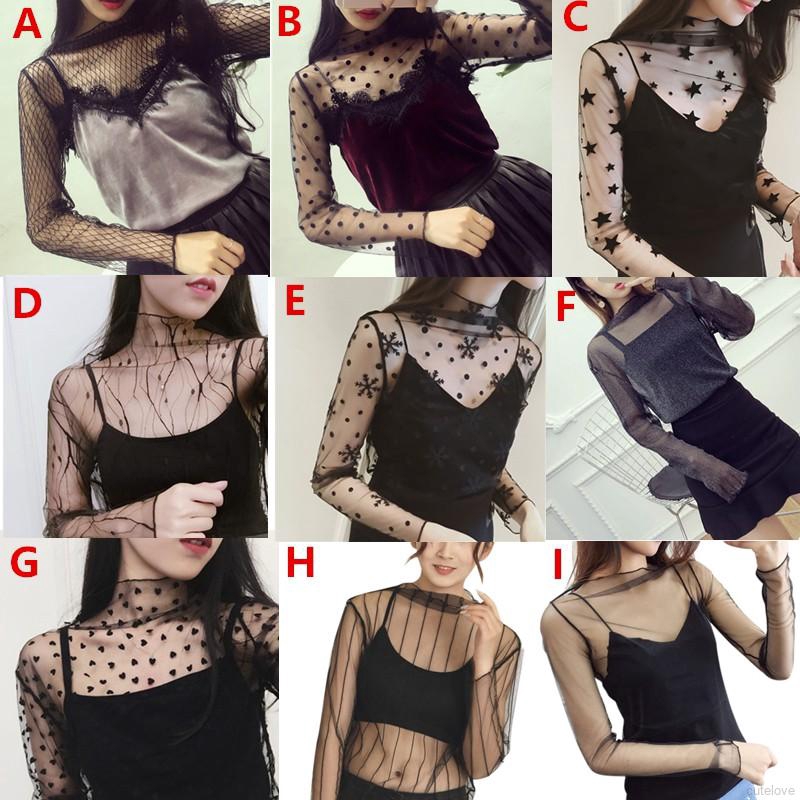 Sexy Blouse Long Sleeve Stand Collar Lace Shirt Mesh Net | BigBuy360 - bigbuy360.vn