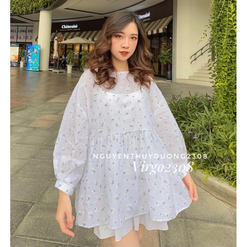 [Ảnh thật/Sẵn]Áo babydoll thô ren hoa nổi dáng rộng/Áo babydoll form rộng Ulzzang