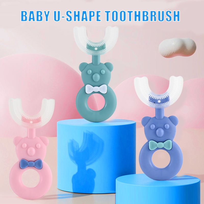 [2-6 TUỔI] Bàn chải đánh răng hình Gấu chữ U  bằng silicone thiết kế gấu hoạt hình đáng yêu dành cho trẻ em Babibu