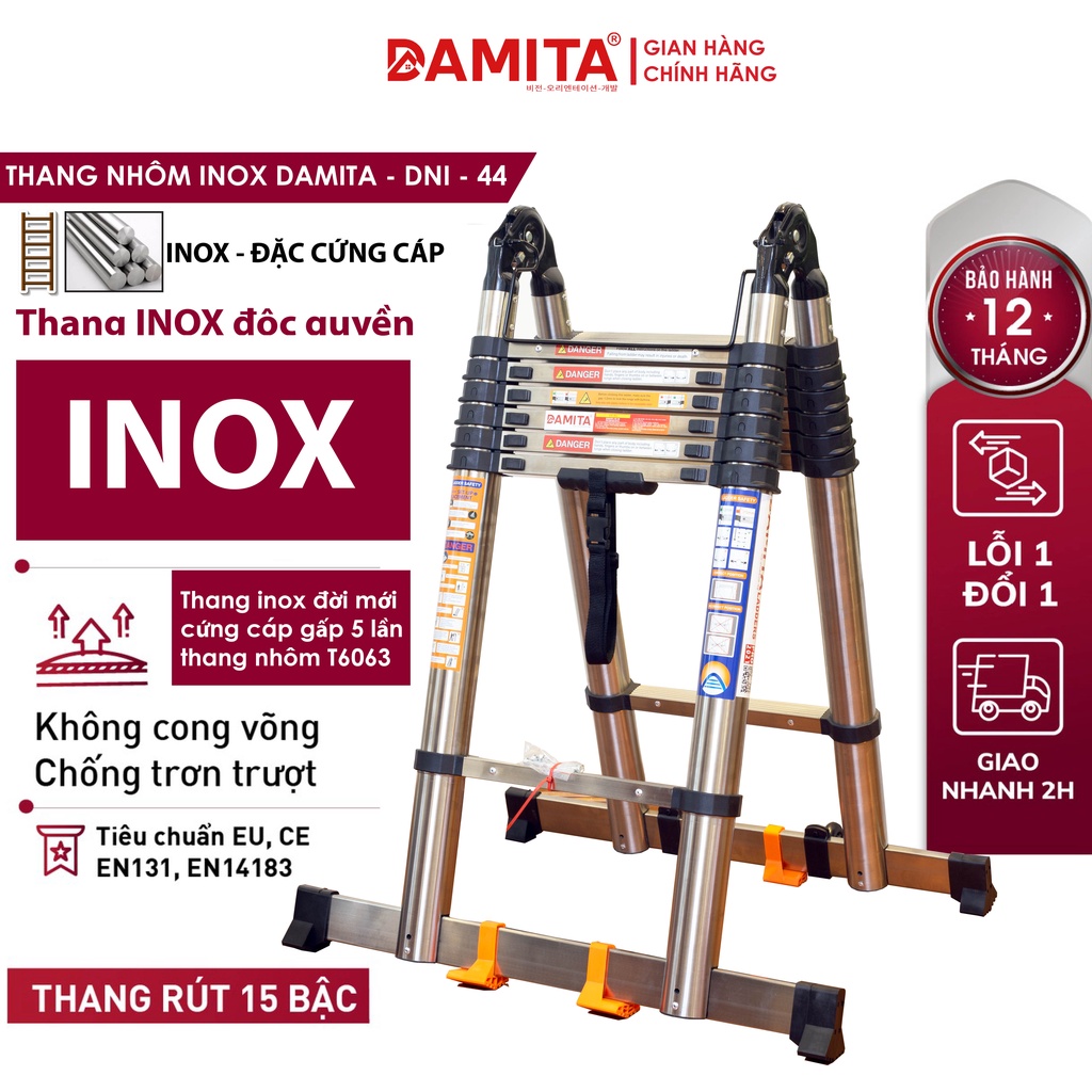 Thang Nhôm Rút chữ A INOX 316 A 5met6 2.8+2.8 cao cấp có bánh xe đai khóa chốt lưng mẫu mới 2022 độc quyền DAMITA korea