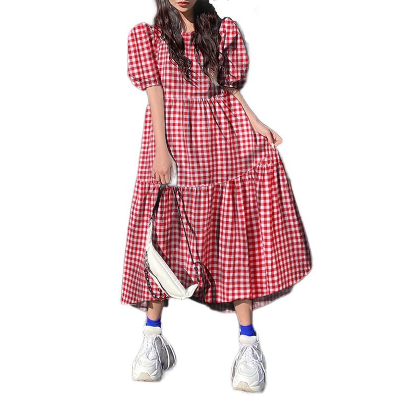 Đầm VONDA Ngắn Tay Họa Tiết Ca Rô Dáng Rộng Thời Trang Cho Nữ