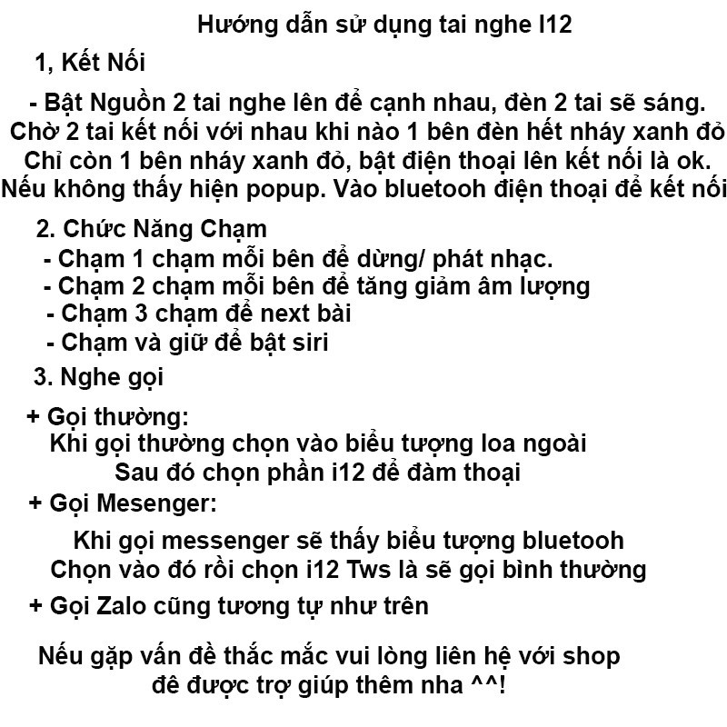 Tai nghe Bluetooh FREESHIPTai Nghe Không Dây I12 TWS 5.0 Cảm ứng - Bảo Hành Lỗi 1 Đổi 1