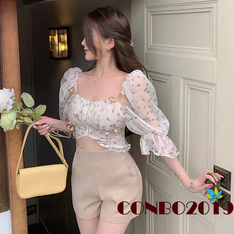 Áo croptop cổ vuông tay phồng in họa tiết hoa phối khóa kéo thời trang xuân hè cho nữ
