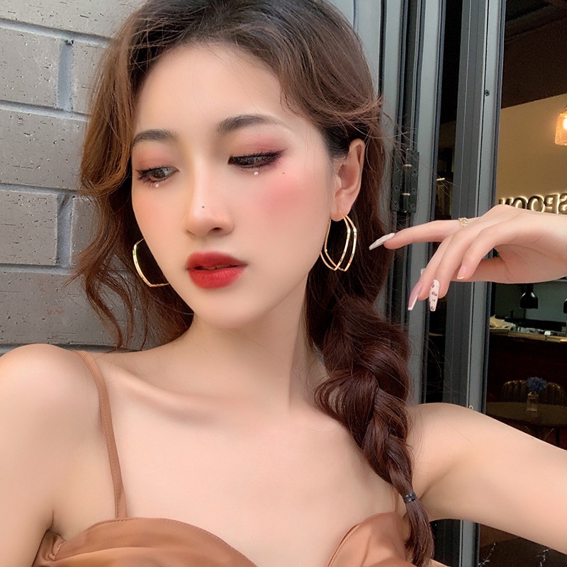 Bông Tai Hai Lớp Hình Học Bằng Kim Loại Phong Cách Âu Mỹ Đơn Giản Thời Trang